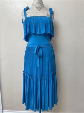 H&M Blue Pleated Tie-Waist Midi Dress